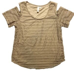 PerSeption Top Womens XL Tan Short Sleeve Knit Cold Shoulder Concept Crochet